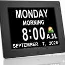 New 2026 Digital Calendar Alarm Day Clock - with 8" Large Screen Display, am pm, Multiple Alarms, for Impaired Vision People, The Aged Seniors, The Dementia, for Desk, Wall Mounted, Black