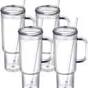 40 OZ PLASTIC TUMBLER WITH HANDLE AND STRAW LID, CLEAR TUMBLER, DOUBLE-WALL VACUUM REUSABLE PLASTIC WATER BOTTLE, TRAVEL MUG CUP, CLASSIC ACRYLIC TUMBLERS (4 PACK)