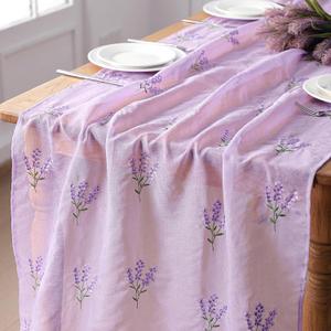 Tudomro Embroidery Lavender Flower Tulle Table Runner 9.2 ft Purple Lavender Spring Cheesecloth Table Runner 110 Inch Gauze Boho Farmhouse Dining for Home Wedding Birthday Baby Shower Christmas Decor