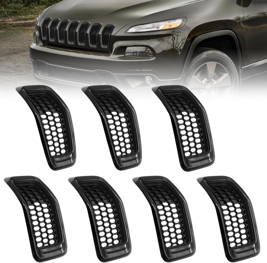 7pcs Grill Mesh Inserts Fit for Jeep Cherokee 2014-2018, Honeycomb Mesh Front Grill Inserts Grille Cover Frame Trims (Bright Black)