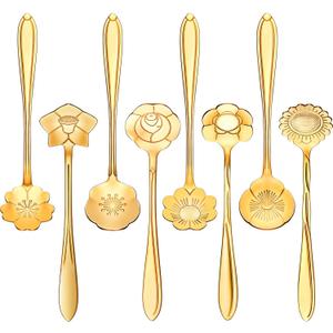 Chengu 8 Pieces Flower Coffee Tea Spoons Stainless Steel Sugar Spoons Tea Party Flower Fancy Tableware Set Stir Bar Creative Stirring Teaspoon, 8 Different Patterns(Gold)