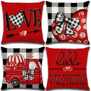 Valentines Day Decorations-Throw Pillow Covers 18x18 in set of 4,Valentine Linen Pillow Case with Red Buffalo Plaid Heart Love Truck for Large Couch Sofa Home Inside Outside Holiday Party Decor