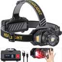 LED Headlamp Rechargeable3000 High Lumens Head Lamp with 12 Modes & 90H Long Battery Life & Motion Sensor & IPX7 Waterproof,90 Adjustable Headlight for Outdoor Camping,Cycling,Hiking