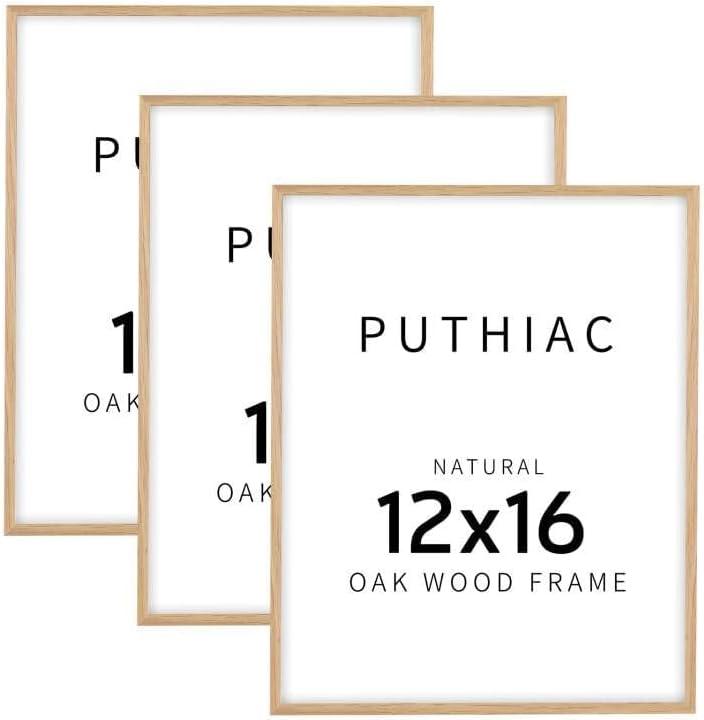 puthiac 12x16 Solid Oak Wood Picture Frame, Fits 8x12 with Mat or 12x16 Without Mat, Wall Display Only, Vertical or Horizontal, Plexi Front, 3 Pack, Natural Oak