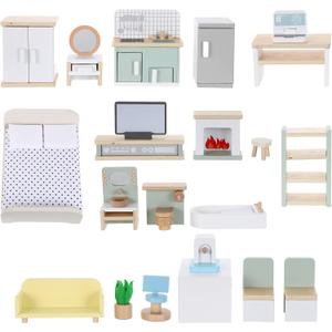 Garneck Wooden Dollhouse Furniture Set for Kids, Miniature Kitchen Living Room Furniture, Pretend Play Accessories for Birthday Christmas