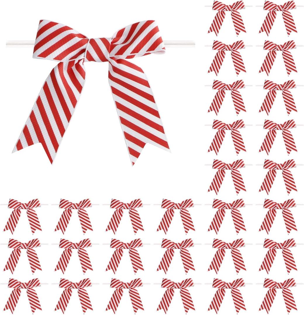 30 Pcs 3 Inches Mini Twist Tie Red Striped Printed Grosgrain Ribbon Bow Smal Bows for Applique Embellishment Crafts Sewing Scrapbook Baby Shower Wedding Christmas Girls Dress Hair