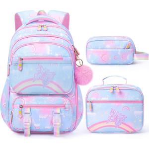 Fimibuke Kids Backpack for Girls, 3PCS Rainbow & Butterflies Teen Girls Backpack with Lunch Box & Pencil Case, Cute Blue Bookbag School Bag for Kindergarten Elementary Middle School Student Ages 5+