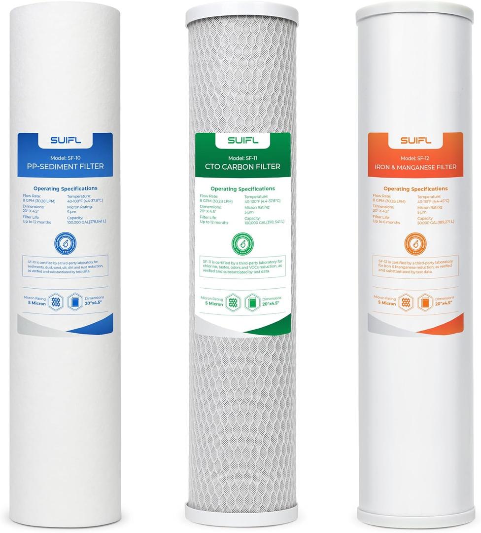 4.5 * 20" 3 Stage Whole House Water Filter Set, Compatible with Express Water WH300SICS, FLTWH2045ICS1, iSpring WGB32BM, F3WGB32BM, Pack with PP, CTO, Iron & Manganese Filter, 1 Set