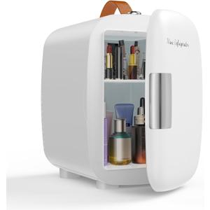 NEWBULIG Mini Fridge for Bedroom, Office & Car, Portable 4L/4.23QT Mini Refrigerator for Skincare with Handle, Ultra-Quiet Energy-Saving Compact Cooler for Drinks, Food, Skincare & Makeup, 12V AC/DC