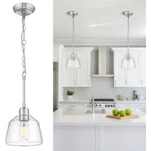 Pendant Lights Kitchen Island, 7.5" Hanging Light Fixture with Clear Glass Shade and Adjustable Chain, Farmhouse Kitchen Island Lighting for Dining Room, Brushed Nickel, PL187-BN-1PK