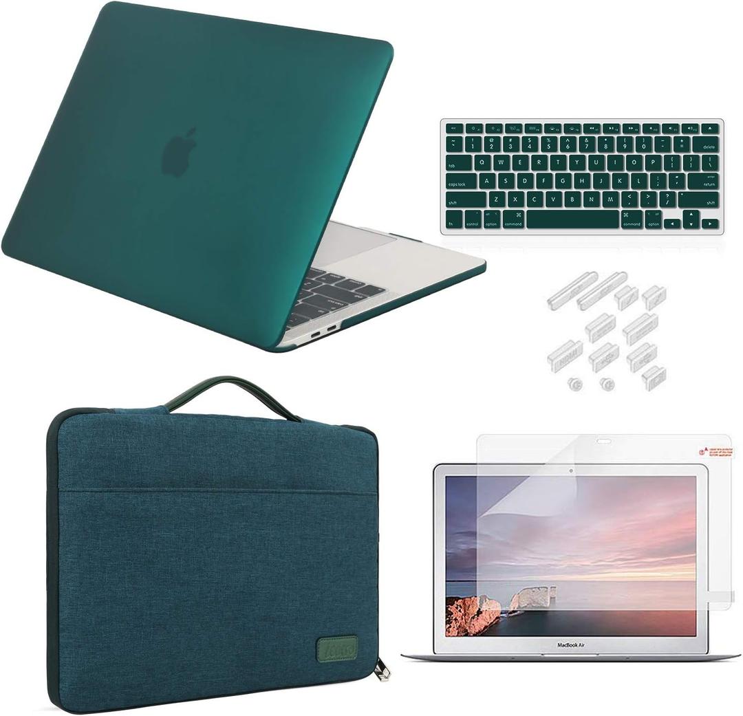 iCasso Case Compatible with MacBook Air 13 inch Case 2010-2017 Release Model A1369/A1466 Bundle Set, Plastic Hard Case Shell, Sleeve Bag, Screen Protector, Keyboard Cover and Dust Plug - Dark Cyan