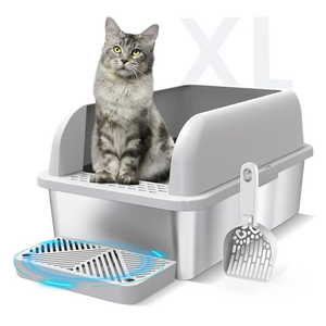 Enclosed Stainless Steel Cat Litter Box with Lid Extra Large Litter Box for Big Cats XL Metal Litter Pan Tray with High Wall Sides Enclosure, Non-Sticky, Anti-Leakage, Easy Cleaning
