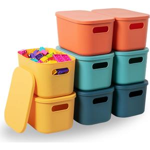HapiLeap Plastic Storage Bins with Lid, Stackable Storage Containers for Organizing, Decorative Storage Baskets for Shelves Living Room Playroom Classroom Office (Small (8 PCS))