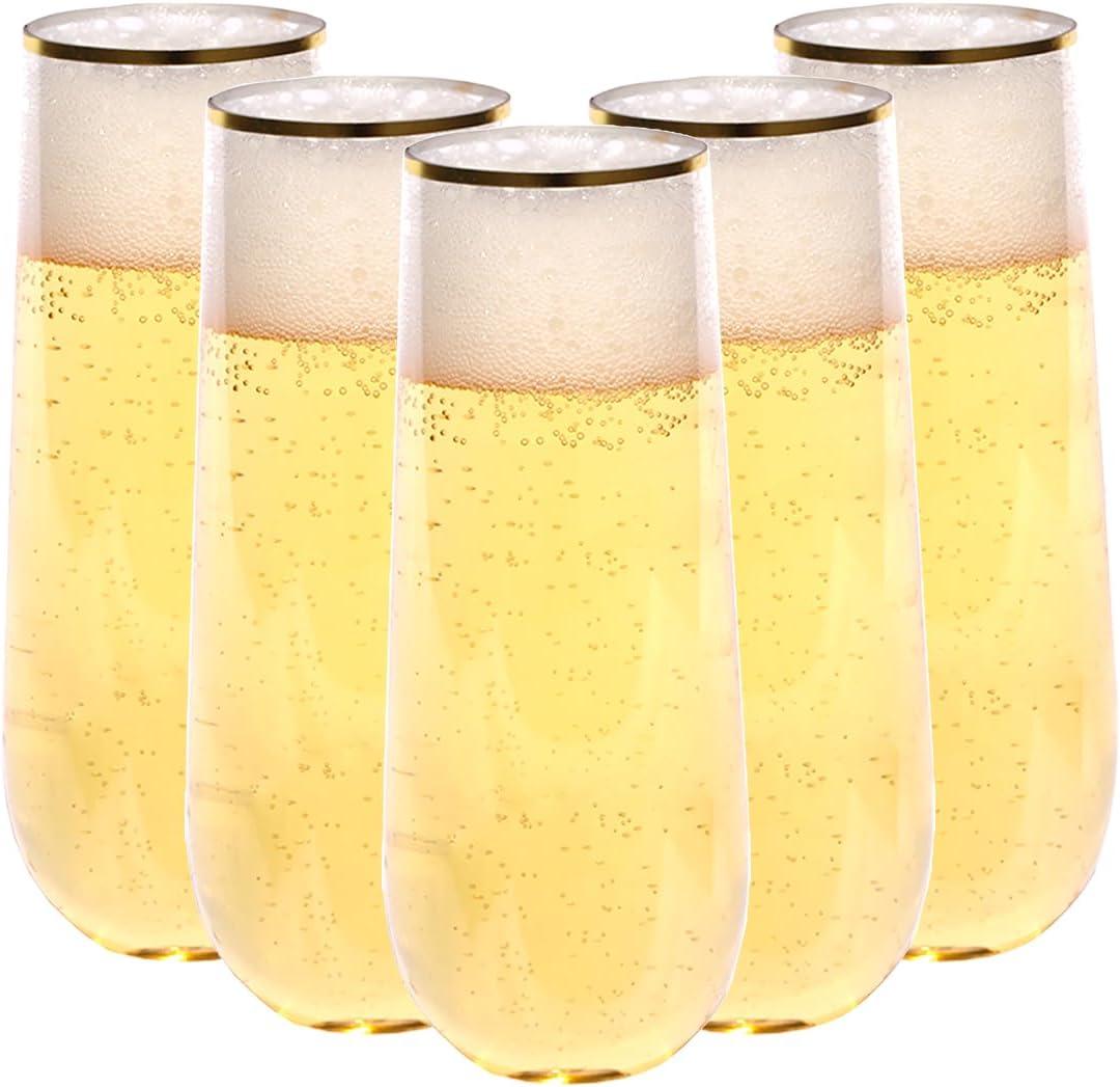 TT 48 Pack 9 oz Plastic Champagne Flutes - Disposable Stemless Glasses with Gold Rim, Shatterproof Clear Cups for Weddings, Parties, Celebrations (Bulk Toasting Drinkware)