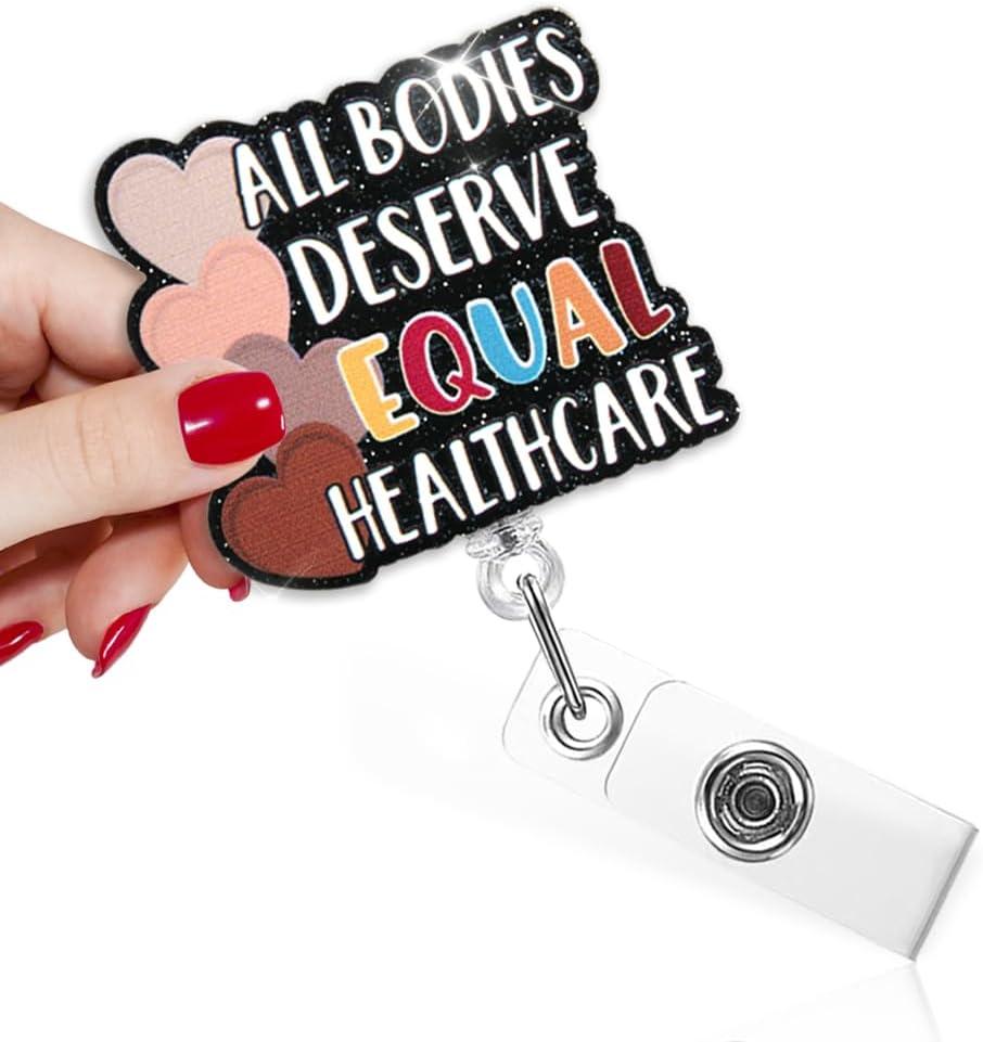 2 x TOUNER All Bodies Deserve Equal Healthcare Funny Badge Reel with Black Glitter, Retractable ID Clip Holder for Nurses Doctor Healthcare Medical Hospital Office Worker, Nurse Week Gifts