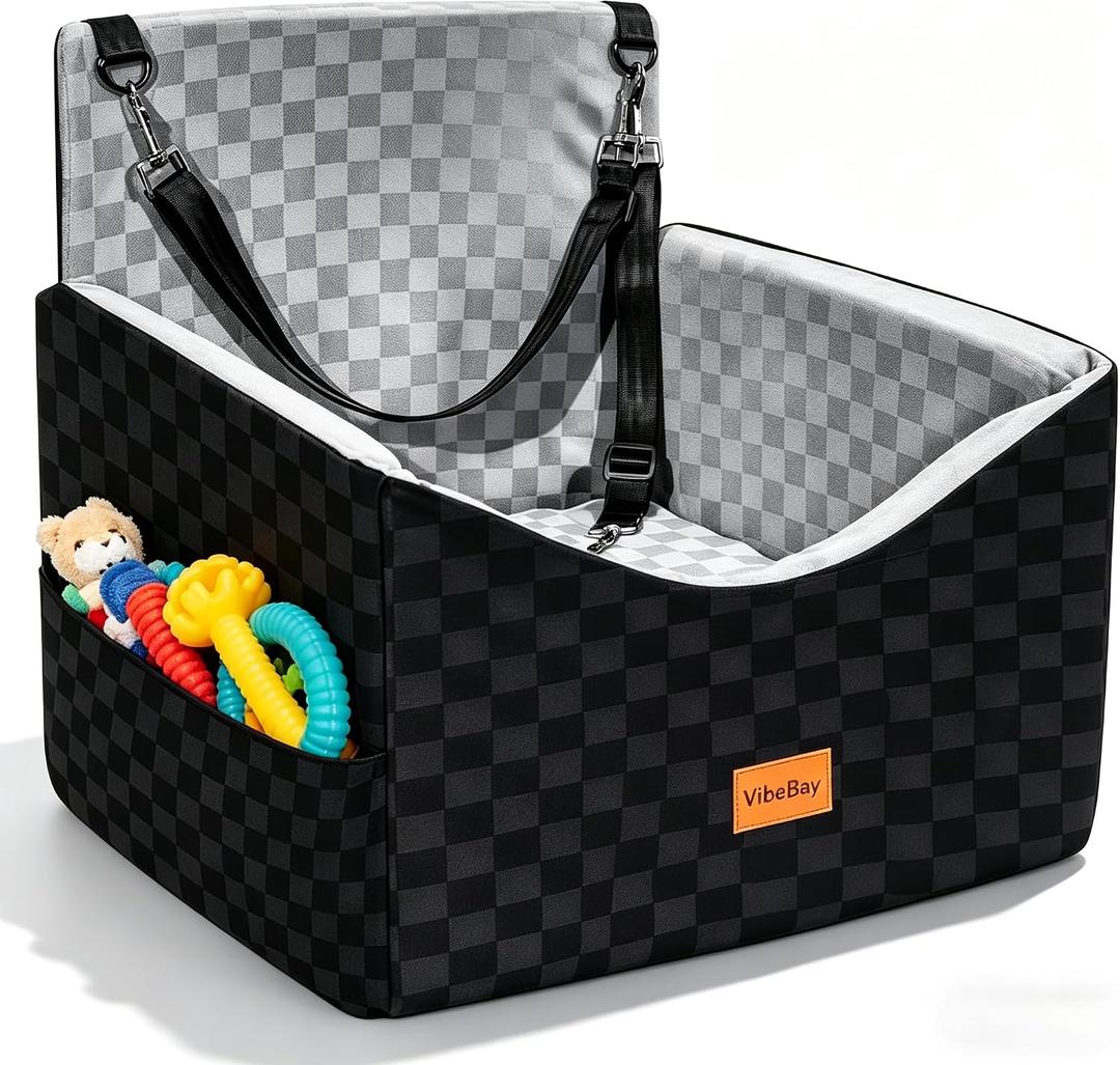 Dog Car Seats for Small Medium Dogs Up to 35lbs | Elevated Dog Booster Seat with Detachable Washable Cover & Cushion | Memory Foam Pet Car Travel Seat with Safety Belt and Storage Pockets (Black Grey)