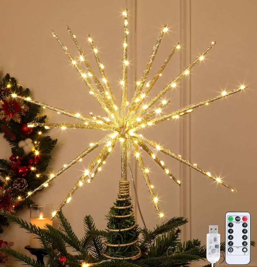 3 Pack Starburst Christmas Tree Topper with 150 LEDs & Remote, Gold | USB Powered with Auto Timer, Fits Trees Up to 9FT, Multiple Lighting Modes Create a Festive Glow