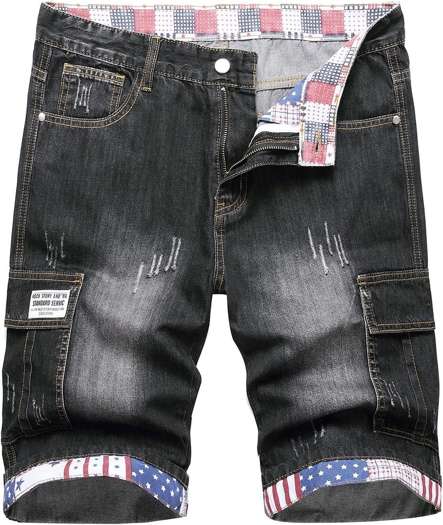 Baylvn Men's Casual Ripped Printed Denim Shorts Slim Fit Summer Beach Jeans Shorts (Black,42)