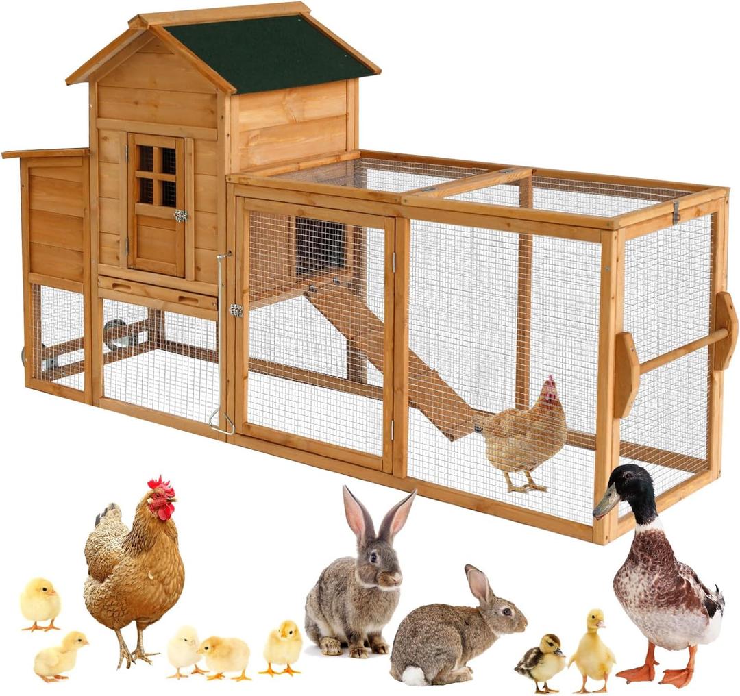 Chicken Coops for 1-2 Chickens with Wheels, Outdoor Wooden Hen House with Nesting Box, Large Rabbit Hutch, Outside Poultry House, Wire Fence Run Cages, Weatherproof for Backyard(Wooden)