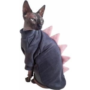 Dinosaur Sphynx Cat Clothes, Soft Polar Fleece Sweater for Cat, Elastic Pet Clothes Thick Winter Warm Outfit for Hairless Cat, Devon, Cornish, Small Dogs Apparel with Sleeves (Grey, Large)