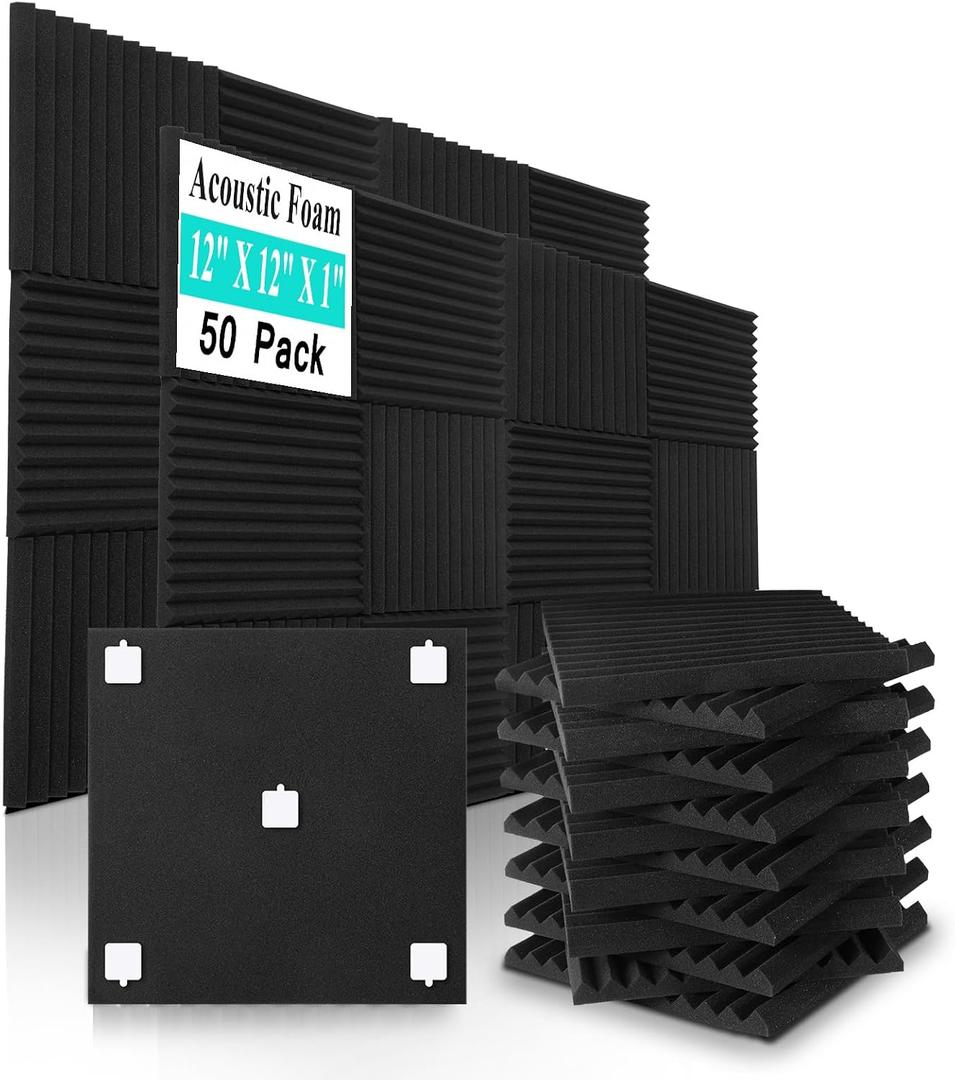 50 Pack Sound Proof Foam Panels,12"12"1" Acoustic Foam Panels, High Density Soundproof Wall Panels for Home Office Recoding Studio,With 250PCS Adhesive Stickers (Black, 50 Pack)