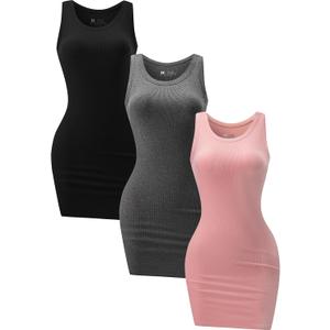 3 Pack Summer Dresses for Women 2026 Ribbed Crewneck Tank Top Dress Sleeveless Sundress Basic Bodycon Mini Dress (Small, Black/Gray/Pink)