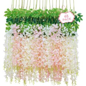 48Pcs Artificial Wisteria Hanging Flowers, 3.6Ft/Pcs White & Pink Fake Wisteria Garland for Wedding Party Home Garden Indoor Outdoor Decoration