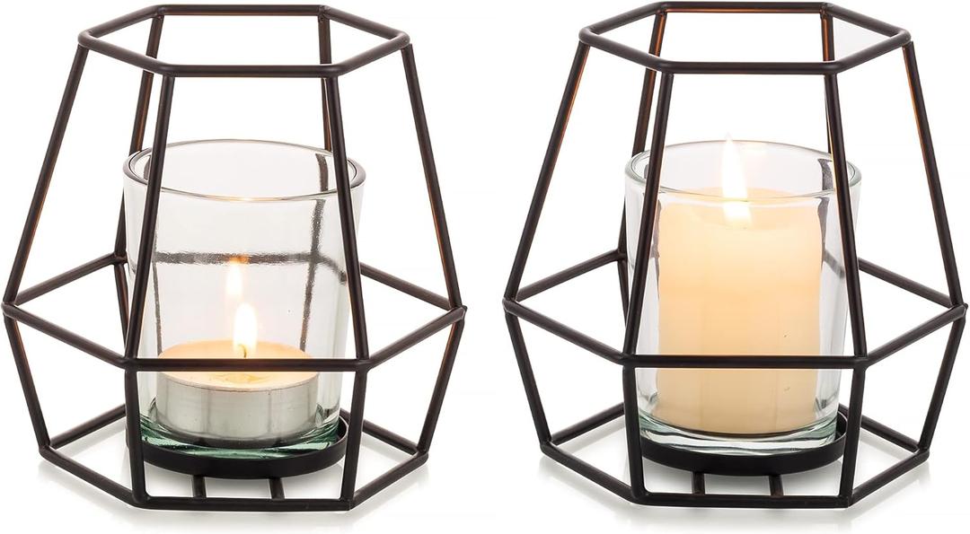 Nuptio Pillar Candle Holder Black Tea Light Candle Holders 2 Pcs Geometric Tealight Candle Holder Metal Candle Stand Table Centerpiece for Halloween Office Home Decor