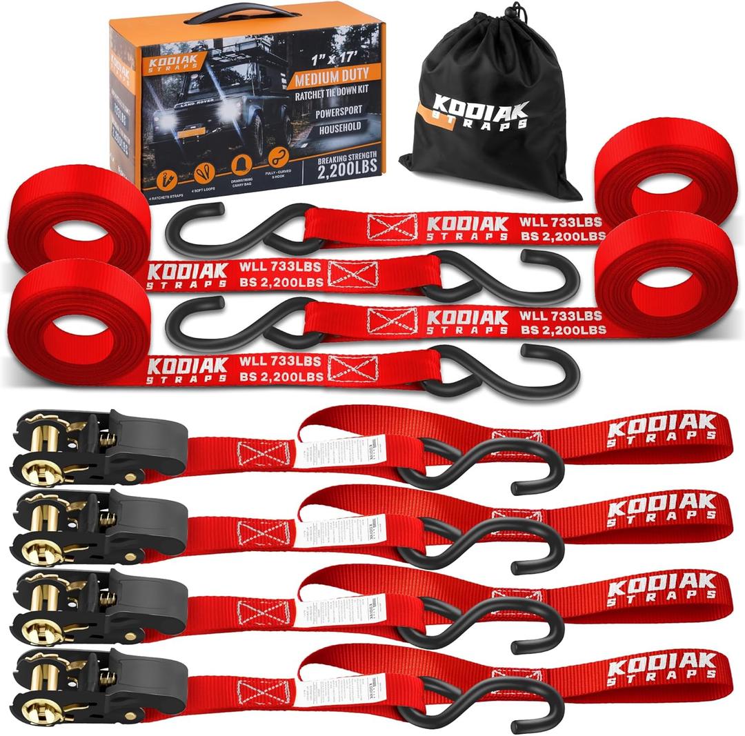 KODIAK STRAPS Ratchet Straps Heavy Duty Tie Down Strap Set 2200 Break Strength  1" x 17' 4pk with Soft Loops Cargo Truck Bed Tie Downs  Coated Deep S-Hook & Carry Bag for Securing Cargo Red