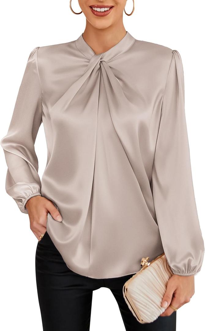 GRACE KARIN Women's Long Sleeve Satin Blouse,Mock Neck Work Silk Shirts,Dressy Tops for Business Casual Office (Medium, Khaki)