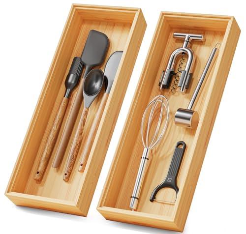 Bamboo Kitchen Drawer Organizer Boxes – 14" x 5" Stackable Wood Silverware Utensil Tray for Drawers, Cutlery & Flatware Storage – Wooden Organizers Set of 2 for Junk Drawer Bins, Bathroom, RV