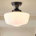 12'' Schoolhouse Ceiling Light Fixture, Black Semi Flush Mount Ceiling Light, Vintage Wide Opal Milk Glass Shade for Bedroom Kitchen Hallway Entryway