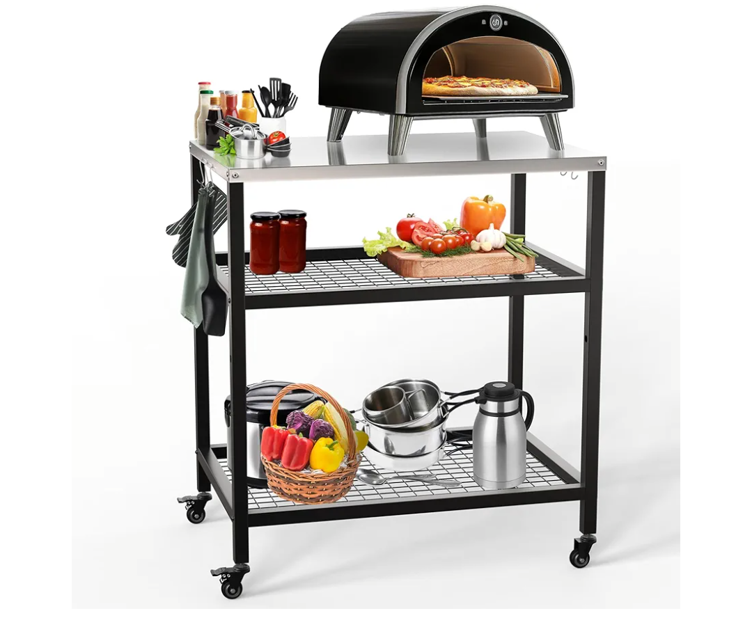 Outdoor Pizza Oven Stand Grill Cart Table Pizza Oven Trolley Stand Stainless Steel Table on Wheels 80x60x90cm