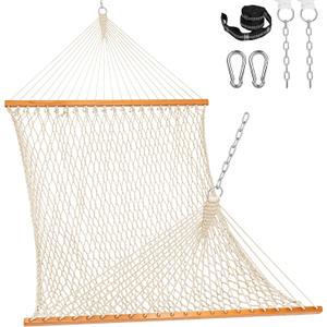 Lazy Daze Hammocks Double Rope Hammock, 2 Person Traditional Outdoor Hand Woven Cotton Rope Hammock with Spreader Bar, Carabiners, Tree Straps, Chains for Patio Yard - Max 450 Lbs, Natural