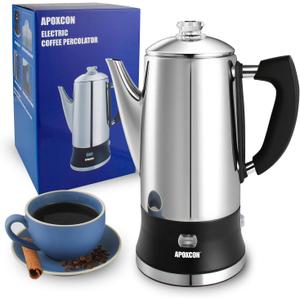 Electric Coffee Percolator Stainless Steel Coffee Maker with Clear Brew Progress Tough Glass Knob and On/OFF Switch Classic Coffee Pot with Keep Warm & Cordless Serve No Aluminum (12 Cup)
