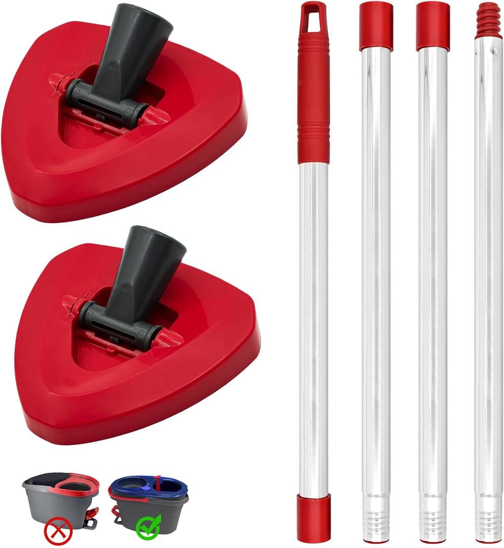 Spin Mop Handle & 2 Mop Base Replacement for O-Cedar RinseClean 2 Tank System, Adjustable 30-58" Telescopic Mop Stick Pole, Lightweight Durable Mop Handle Replacement Parts