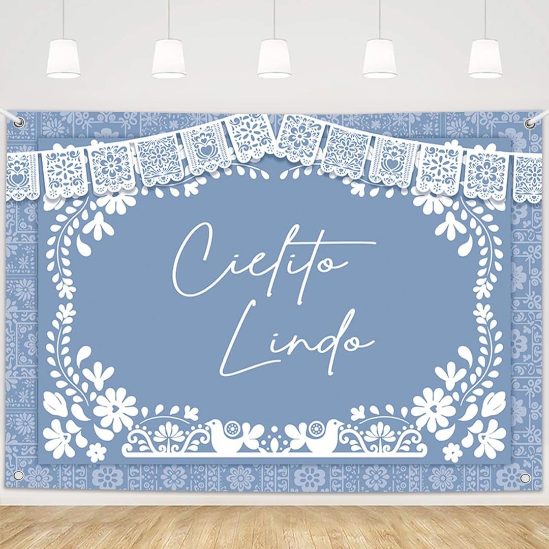 MEHOFOND 7x5ft Cielito Lindo Baby Shower Backdrop Dusty Blue Cielito Lindo Baby Shower Photography Background Mexican Wedding Party Decorations Banner Photo Supplie