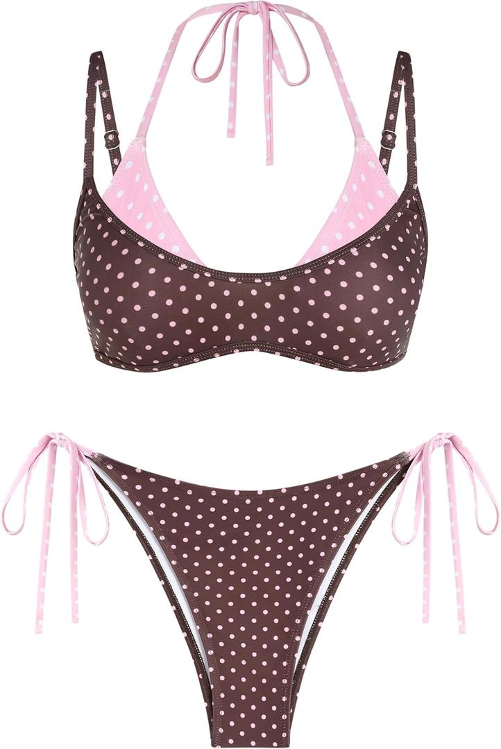 ZAFUL Women's Polka Dot Bikini Set Double Layer Halter Swimsuit Colorblock Side Tie 2 Piece Bathing Suit (L)
