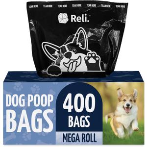 Reli. Dog Poop Bags (400 Bags - Large Single Roll) | Dispenser Box | 9x13" Large Doggie Poo Sack | Use for Yard Pickup | Bulk Single Roll | Unscented, Leak Proof (Black)