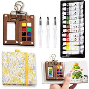 Mini Portable Watercolor Palette Set-Grid Paint Box with Binder Clips Include 12 Colors Paint - Brush*3 and Picture Album Art Materials Coloring Markers for Travel, Creative Drawing Kit for Beginners and Art Enthusiasts(Yellow Wood-S)