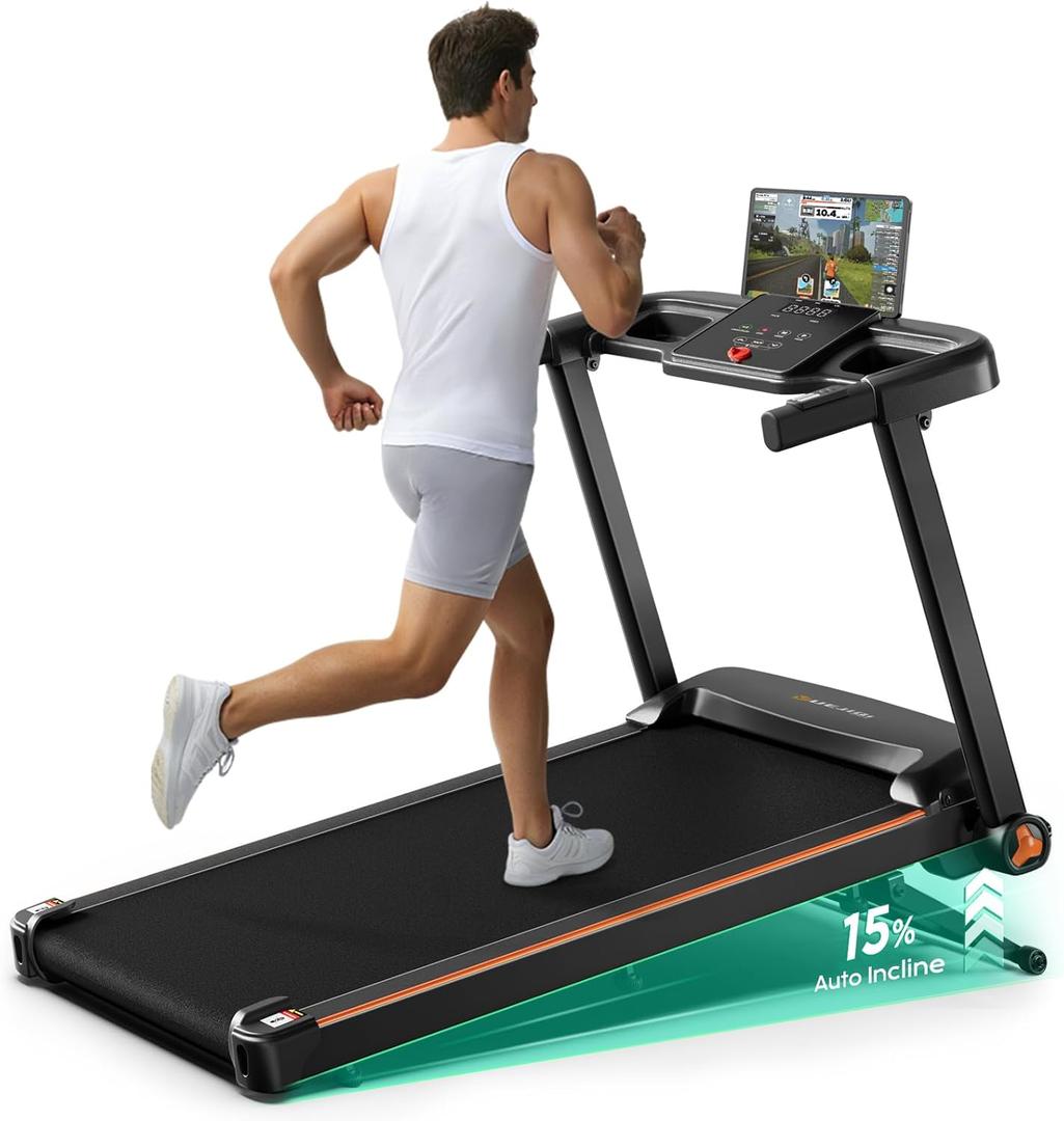 Treadmill with 0-15% Auto Incline, 3.5HP Quiet Brushless Foldable Treadmills for Home, Small Space Portable Running Walking Machine, 300 Lbs Capacity with Bluetooth APP & Pulse Monitor (Black)