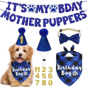 Dog Birthday Party Supplies, Multi Sizes Dog Birthday Hat with Numbers Bandana Bow Tie Its My Bday Mother Puppers Sign Banner for Small Dogs Pets (Small, Blue)