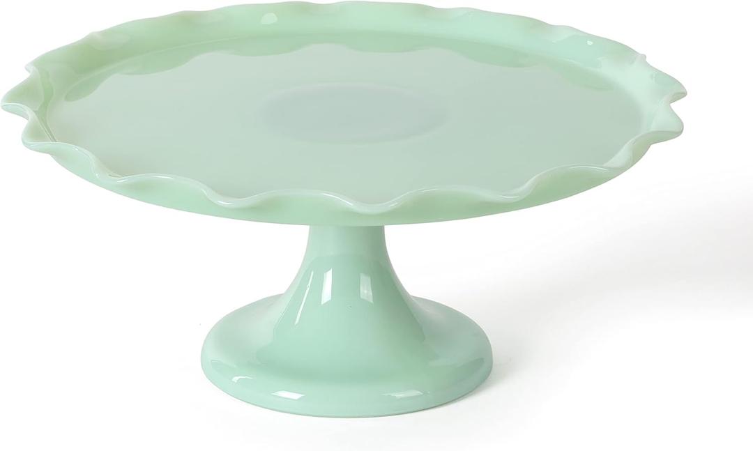 Martha Stewart Highbrook 11" Jadeite Glass Cake Stand  Handmade Vintage-Style Dessert Stand with Ruffle Trim, Decorative Pedestal Cake Plate for Display & Serving