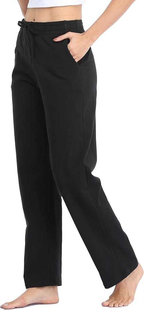 Willit Women's Cotton Sweatpants Open Bottom Yoga Sports Pants Straight Leg Lounge Athletic Pants with Pockets (Medium, Black)