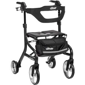 Drive Medical Nitro Sprint Foldable Rollator Walker with Seat - Lightweight Support - Large Wheels - Compact Folding Design - Adjustable Comfort - Tall Size - Black