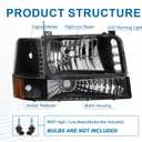 Pair Headlights for 1992-1996 Ford F150 F250 F350 Bronco Replacements w/LED Running Light Bar Amber Reflector Black Housing