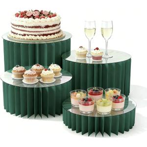 4 Pack Foldable Buffet Risers, Cardboard Cylinder Stands Food Display Risers with Acrylic Plates, Cake Cupcake Stands for Buffet Table, Dessert Table, Party Wedding Birthday Decor (Green)