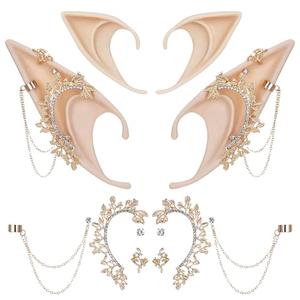FRESHME Elf Ears with Piercings, Soft Fairy Ears with Gold Metal Leaf for Women Viking Boho Elven Ear Renaissance Cartilage Clips Cosplay Christmas Renaissance Halloween Costume Anime Party Accessories