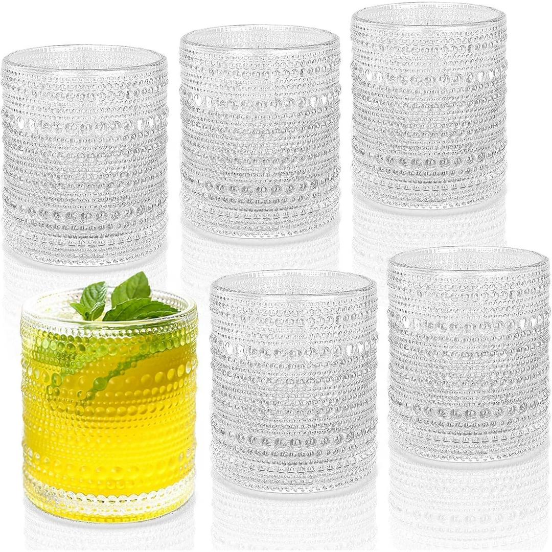 Vintage Glassware Drinking Glasses Set of 6,12 oz Hobnail Glass Cups,Embossed Clear Water Tumbler,for Beer,Cocktail,Whiskey,Juice and Various Mixed Drinks