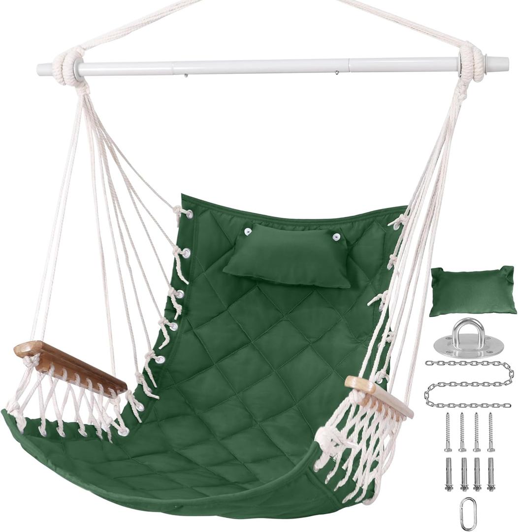 Hammock Chair Hanging Swing with Wooden Armrest,Steel Spreader Bar,Pillows,Hardware kit Included;Cotton Woven;Up to 350 Lbs,for Indoor Outdoor Green